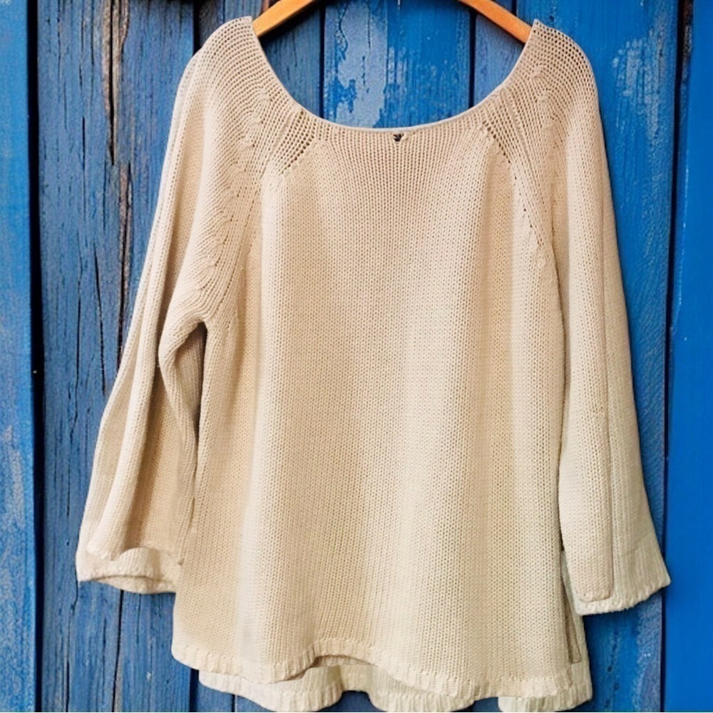 Boatneck Cream Three Quarter Length Sleeves Wide Knit Sweater - Picture 3 of 3